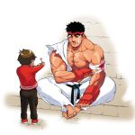  artist_request bandages barefoot black_hair blood brown_hair bruise child eyebrows fingerless_gloves flower gloves headband indian_style injury light_smile muscle one_eye_closed ryuu_(street_fighter) sitting street_fighter thick_eyebrows torn_clothes 