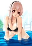  1girl bikini black_bikini blush breasts cleavage headphones ichi/mine large_breasts long_hair looking_at_viewer navel nitroplus partially_submerged pink_eyes pink_hair smile solo super_sonico swimsuit 