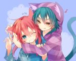  2boys animal_ears aqua_hair blue_eyes blush cat_ears cat_tail catboy hoodie inazuma_eleven_(series) inazuma_eleven_go kariya_masaki kirino_ranmaru long_hair male multiple_boys musical_note nekoto_maruta one_eye_closed tail tongue twintails wink 