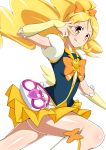  1girl :q blonde_hair bow brown_eyes cure_honey hair_bow happinesscharge_precure! heart highres jabara921 long_hair looking_at_viewer magical_girl oomori_yuuko ponytail precure simple_background skirt solo tongue white_background yellow_skirt 