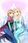  2girls :d anna_(frozen) blonde_hair blue_eyes braid cape dress elsa_(frozen) frozen_(disney) highres kamaniki long_hair multiple_girls open_mouth orange_hair siblings single_braid sisters smile snowflakes twin_braids 