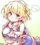  ... 1girl arm_warmers blonde_hair blush breasts embarrassed green_eyes kibushi large_breasts looking_at_viewer mizuhashi_parsee pointy_ears ponytail scarf short_hair solo touhou 