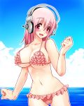  1girl bikini blush breasts cleavage frilled_bikini frills headphones ichi/mine large_breasts long_hair looking_at_viewer nitroplus open_mouth pink_eyes pink_hair solo super_sonico surprised swimsuit 