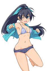  1girl barefoot bikini black_hair blue_eyes blush breasts ganaha_hibiki hair_ribbon idolmaster kuronyan long_hair one_eye_closed open_mouth ponytail ribbon shiny shiny_hair shiny_skin shorts smile solo swimsuit wink 