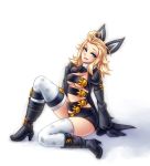  1girl blonde_hair blue_eyes blush boots bravely_default:_flying_fairy bravely_default_(series) edea_lee gloves long_hair looking_at_viewer monorus smile solo star_print thigh_strap thighhighs white_legwear 