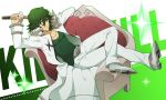  1boy chair green_eyes green_hair hisagi-y4 kill_la_kill male sanageyama_uzu school_uniform shinai sitting smile sword uniform weapon 