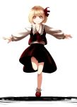  1girl bare_legs blonde_hair blouse hair_ribbon mary_janes orange_eyes outstretched_arms ribbon rumia shoes short_hair skirt smile spread_arms sugiura_rippu touhou vest 
