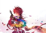  1boy blush closed_eyes elsword elsword_(character) fingerless_gloves flower gloves green_rose male messy_hair petals pink_rose purple_rose rainbow_order red_rose redhead rose scarf scorpion5050 solo sword tears weapon white_background wreath yellow_rose 