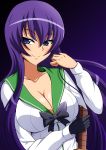  1girl aokura_shou blue_eyes breasts busujima_saeko cleavage gloves highres highschool_of_the_dead large_breasts long_hair purple_hair school_uniform serafuku smile solo 