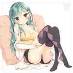  1girl argyle argyle_legwear badge breasts button_badge camisole casual cleavage green_eyes green_hair hair_ornament hairclip jacket kantai_collection large_breasts light_smile long_hair off_shoulder peko short_shorts shorts sitting solo strap_slip suzuya_(kantai_collection) taut_clothes taut_shirt thighhighs thighhighs_pull 