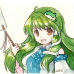  1girl ahoge frog_hair_ornament gohei green_hair hair_ornament kochiya_sanae signature smile snake_hair_ornament socha solo touhou 