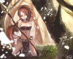  1girl bare_shoulders breasts cleavage forest kneeling league_of_legends long_hair midriff mirutulove nature nidalee polearm ponytail redhead signature solo spear tree weapon yellow_eyes 