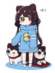 1girl =_= animal animal_ears bangs black_hair blue_hoodie blush brown_eyes chibi clothes_writing colored_shadow commentary_request dog dog_ears dog_girl dog_tail eyebrows_visible_through_hair full_body heterochromia hitomiz hood hood_down hoodie inui_toko long_hair long_sleeves looking_at_viewer low_twintails nijisanji one_eye_closed puffy_long_sleeves puffy_sleeves red_eyes sebastian_piyodore shadow sleeves_past_wrists socks solo standing tail translation_request twintails very_long_hair virtual_youtuber white_background white_legwear 