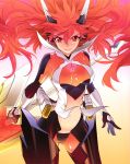  1girl absurdres amou_kanade bodysuit breasts hair_between_eyes headgear highres huge_weapon long_hair navel orange_eyes polearm redhead scan senki_zesshou_symphogear shiny shiny_clothes skin_tight solo very_long_hair weapon 