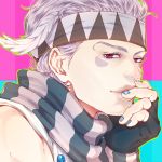  1boy caesar_anthonio_zeppeli facial_mark feathers ganbaru_(woainini) hair_feathers headband jojo_no_kimyou_na_bouken nail_polish scarf solo striped striped_scarf violet_eyes white_hair 