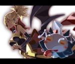 1girl bare_shoulders blonde_hair breasts bukurote disgaea earrings highres jewelry letterboxed makai_senki_disgaea_2 pointy_ears ponytail red_eyes ring rozalin short_hair tink tongue tongue_out wings 