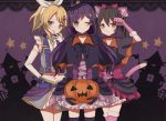  3girls animal_ears ayase_eli black_hair blonde_hair blue_eyes blush bow cape gloves green_eyes hair_bow halloween hat long_hair looking_at_viewer love_live!_school_idol_project midriff multiple_girls natsuna navel open_mouth ponytail pumpkin purple_hair red_eyes skirt smile thighhighs toujou_nozomi twintails witch_hat yazawa_nico 