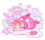  1girl amo blonde_hair blue_eyes bow closed_eyes flower hair_bow hair_ribbon leg_up lily_of_the_valley lying medicine_melancholy on_stomach puffy_short_sleeves puffy_sleeves rainbow ribbon shirt short_sleeves skirt smile su-san touhou 
