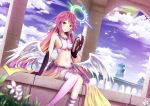  1girl arch architecture asakurashinji bangs bare_shoulders bird black_gloves blurry book breasts bridal_gauntlets chess_piece clouds collarbone depth_of_field dutch_angle flower gloves gradient_hair grass greco-roman_architecture highres holding holding_book jibril_(no_game_no_life) kneehighs long_hair looking_at_viewer low_wings midriff mismatched_gloves mismatched_legwear mound_of_venus multicolored_hair navel no_game_no_life outdoors parted_lips pillar pink_hair planet purple_hair purple_legwear scenery sideboob single_kneehigh single_thighhigh sitting sky sleeveless smile solo symbol-shaped_pupils thigh-highs white_wings wings yellow_eyes 