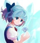  1girl aozora-c blue_eyes blue_hair bow character_name cirno hair_bow ice ice_flower ribbon short_hair smile solo touhou 
