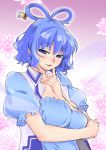  1girl blue_dress blue_eyes blue_hair breast_hold breasts cleavage dress finger_to_mouth hair_ornament hair_rings hair_stick kaku_seiga large_breasts looking_at_viewer pera-o seductive_smile short_hair smile solo touhou 