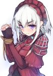  1girl black_gloves chaika_bogdan eyebrows fingerless_gloves gloves hairband hitsugi_no_chaika lolita_hairband restrained rough silver_hair solo sweatdrop thick_eyebrows violet_eyes yukityasoba 