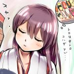  1girl aburisamon akagi_(kantai_collection) blush brown_hair dreaming japanese_clothes kantai_collection long_hair muneate sleeping smile solo sushi 