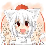  animal_ears bare_shoulders blush detached_sleeves double_v fang happy hat inubashiri_momiji looking_at_viewer open_mouth pom_pom_(clothes) red_eyes s_katsuo shirt short_hair silver_hair tokin_hat touhou v white_shirt wolf_ears 