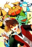  1girl 2boys baseball_cap blastoise blue_(pokemon) blue_eyes brown_hair charizard green_eyes hat long_hair lupicam multiple_boys ookido_green pokemon pokemon_(creature) pokemon_special porkpie_hat red_(pokemon) red_eyes venusaur 