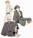  3boys archer black_hair brown_hair emiya_kiritsugu emiya_shirou fate/stay_night fate_(series) japanese_clothes kimono multiple_boys orange_hair tam_(cuq) white_hair 
