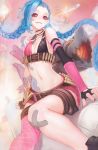  1girl artist_request bandaid belt black_gloves black_nails blue_hair braid fingerless_gloves gloves jewelry jinx_(league_of_legends) league_of_legends long_hair looking_at_viewer midriff navel necklace pink_eyes rocket_launcher shorts single_thighhigh smile solo tattoo thigh-highs twin_braids weapon 