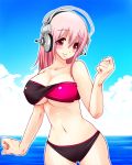  1girl bandeau bikini breasts cleavage headphones ichi/mine large_breasts long_hair looking_at_viewer nitroplus pink_eyes pink_hair smile solo super_sonico swimsuit 