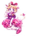  1girl amo animal_ears bell bell_collar blonde_hair blue_eyes cat_ears cat_tail collar fang hair_ribbon kemonomimi_mode looking_at_viewer medicine_melancholy open_mouth paw_pose puffy_short_sleeves puffy_sleeves ribbon shirt short_sleeves skirt smile solo tail tail_bow touhou traditional_media 