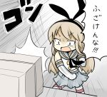  1girl angry blonde_hair computer elbow_gloves gloves hat kantai_collection punch sailor_hat shimakaze_(kantai_collection) solo translated yuasan 