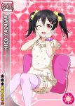  black_hair blush character_name dress embarrassed hairpins long_hair love_live!_school_idol_projet pillow red_eyes twintails wink yazawa_nico 