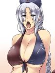 1girl adapted_costume bikini_top breasts bust cleavage collarbone gradient gradient_background grey_eyes hat huge_breasts long_hair looking_at_viewer nurse_cap open_mouth silver_hair solo sweat tobisawa tongue tongue_out touhou under_boob very_long_hair yagokoro_eirin 