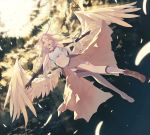  1girl angel_wings bangs bridal_gauntlets clouds cross elbow_gloves feathers flying from_below full_body gloves hair_between_eyes highres jibril_(no_game_no_life) kneehighs la-na long_hair midriff mismatched_gloves mismatched_legwear mound_of_venus navel no_game_no_life orange_eyes outstretched_arms purple_hair single_kneehigh single_shoe single_thighhigh sky solo spread_arms spread_wings sunbeam sunlight symbol-shaped_pupils tattoo thigh-highs white_wings wings 
