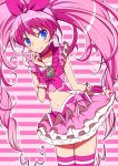  1girl blue_eyes bow braid brooch choker cure_melody earrings frills hair_ribbon houjou_hibiki jewelry long_hair magical_girl midriff navel pink pink_background pink_hair pink_legwear pink_skirt precure ribbon shirono skirt smile solo suite_precure thigh-highs twintails wrist_cuffs 