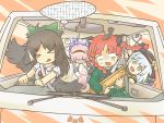  &gt;_&lt; 4girls :d ?? animal_ears arm_cannon bag bangs black_hair braid cape car cat_ears control_rod dress driving feathered_wings feathers green_dress kaenbyou_rin komeiji_koishi komeiji_satori long_hair motor_vehicle multiple_girls open_mouth reiuji_utsuho short_hair sitting smile sweatdrop thinking third_eye thought_bubble touhou translation_request turtleneck twin_braids twintails vehicle vehicle_interior vomiting weapon wings worried 