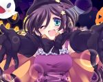  1girl black_gloves blue_eyes blush bowtie cape dress ghost gloves halloween halloween_costume happy hat kaityuu1170 long_hair looking_at_viewer love_live!_school_idol_project open_mouth pumpkin purple_dress purple_hair smile solo toujou_nozomi witch_hat 