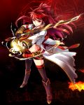  1girl asymmetrical_clothes black_legwear boots coat elesis elsword fingerless_gloves fire gloves half_updo knee_boots kuroshio_maki long_hair midriff navel red_background red_eyes redhead serious shorts single_pantsleg single_thighhigh solo standing sword thighhighs weapon zoom_layer 