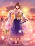  1girl barefoot bracelet brown_hair closed_eyes clouds detached_sleeves final_fantasy final_fantasy_x fuu_(goingmyway421) japanese_clothes jewelry kimono obi sash short_hair solo sunset wand water yuna 