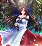  animal_ears bamboo bamboo_forest bare_shoulders blush breast_hold breasts brown_hair cleavage collarbone dress forest imaizumi_kagerou jewelry large_breasts long_hair looking_at_viewer nature night no_hat open_mouth red_eyes satoji_(ochanomkmskry) touhou wolf_ears 