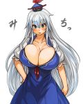  1girl blue_dress blue_eyes breasts cleavage collarbone dress hat huge_breasts kamishirasawa_keine long_hair puffy_short_sleeves puffy_sleeves sachito short_sleeves silver_hair simple_background solo touhou very_long_hair white_background 