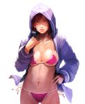  1girl bikini breasts brown_eyes brown_hair dead_or_alive dead_or_alive_5 hoodie large_breasts light_smile lips looking_at_viewer mila_(doa) short_hair side-tie_bikini solo sweat sweating sweating_profusely swimsuit wet yuumikouki 