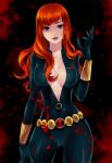 1girl avengers black_widow blood bodysuit breasts center_opening claws contrapposto cowboy_shot ee0418 female grey_eyes lipstick long_hair makeup marvel orange_hair parted_lips skin_tight solo 