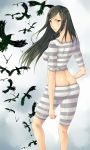  1girl arios_(orochi_yuta) ass bird black_hair breasts butt_crack character_request crow green_eyes highres kangoku_gakuen long_hair looking_at_viewer looking_back serious solo striped_clothes very_long_hair 