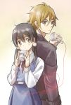  1boy 1girl back-to-back black_hair blue_eyes brown_eyes brown_hair kitashirakawa_tamako lirio_(nikori9) long_hair low_twintails ooji_mochizou phone red_string school_uniform short_hair string string_phone tamako_love_story tamako_market twintails 