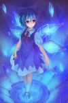  1girl blue_dress blue_hair bow cirno dress hair_bow highres ice ice_wings puffy_short_sleeves puffy_sleeves short_sleeves solo touhou violet_eyes wings youxuemingdie 
