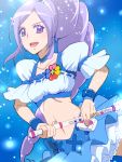 1girl aono_miki blue_background blue_skirt choker cure_berry drill_hair earrings eyelashes fresh_precure! frilled_skirt frills hair_ornament hairband happy jewelry long_hair looking_at_viewer magical_girl midriff navel open_mouth ponytail precure puffy_sleeves purple_hair ribbon shirt side_ponytail skirt smile solo tj-type1 violet_eyes 